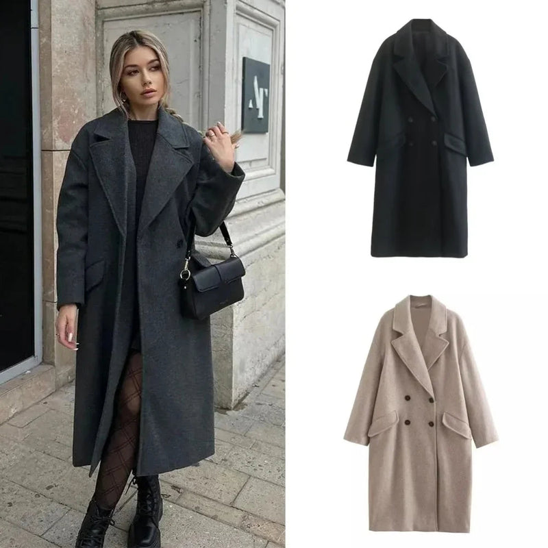 Wollen Trenchcoat - Double Breasted - Oversized - Lange Wollen Jas - Dames Winterjassen & Jacks-Boetiek Moda