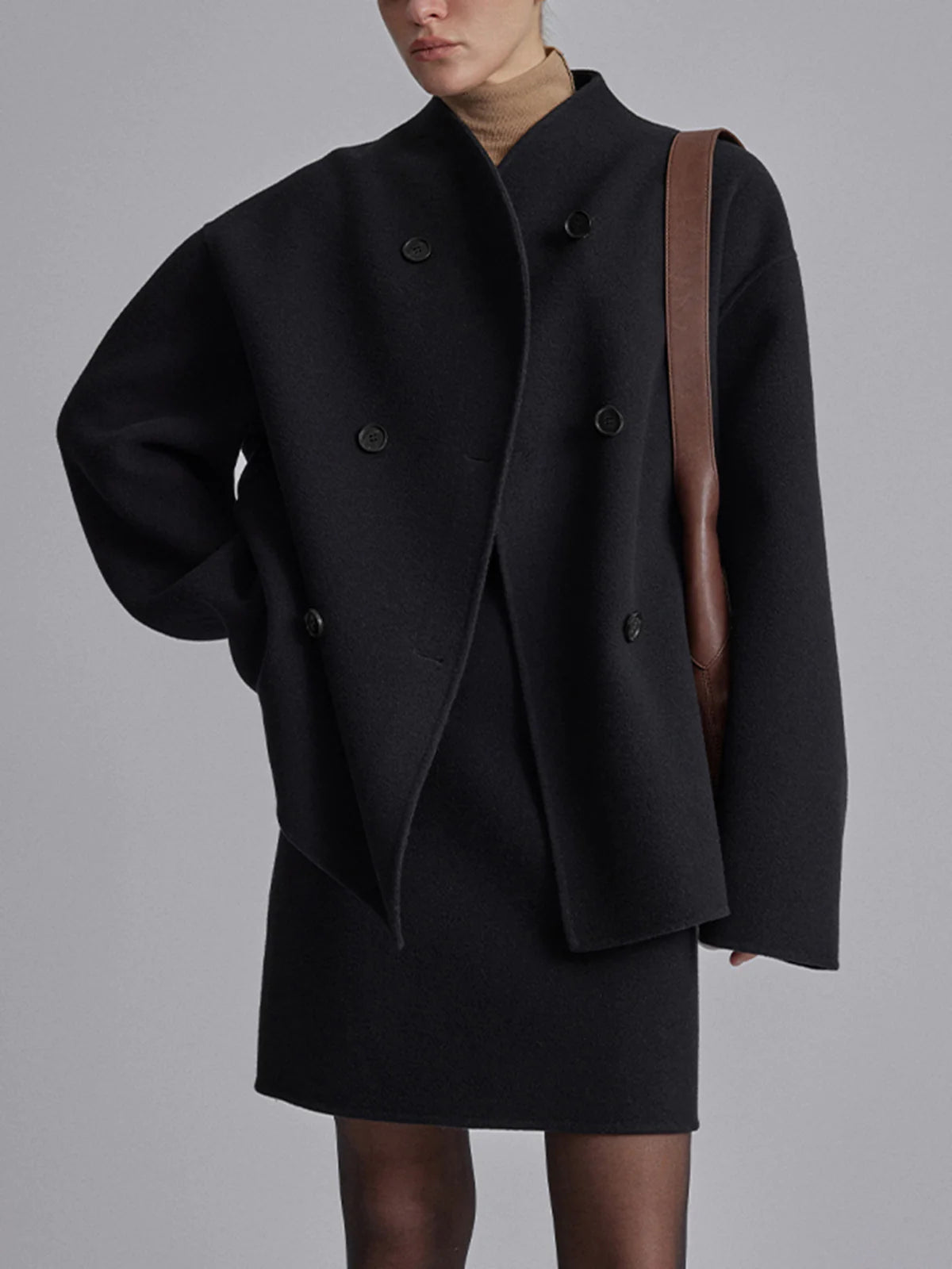 Wollen jas | Double Breasted | Oversized | Korte wollen trenchcoat | Vrouwenjas-Boetiek Moda