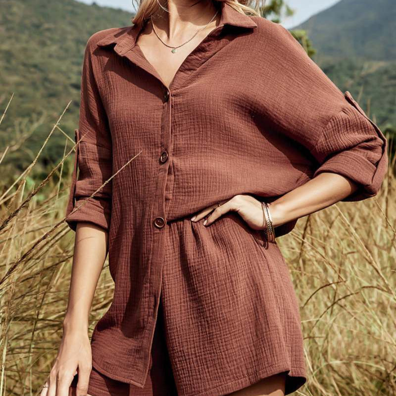 Zomer Co-Ord - Knoopsluiting - Lange mouwen - Set met korte broek en shirt - Set voor dames-Boetiek Moda