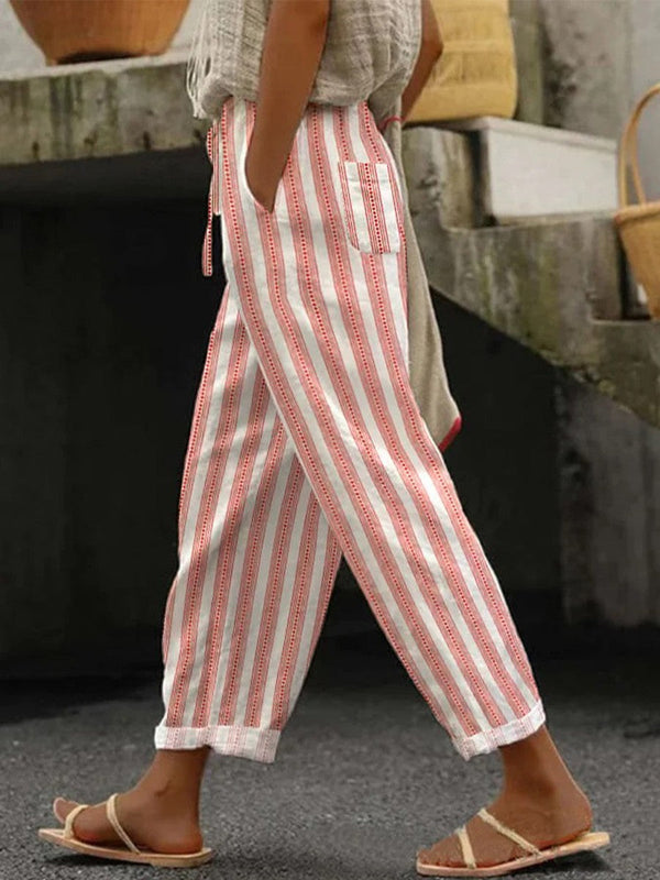 Zomerbroek - Gestreepte, elastische taillebroek met losse pasvorm voor dames-Boetiek Moda