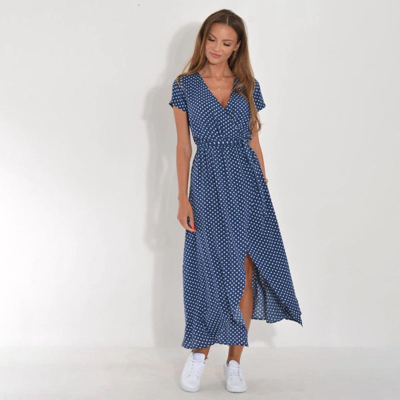 Zomerjurk - Korte Mouw V-Hals Wikkel Maxi Jurk-Boetiek Moda