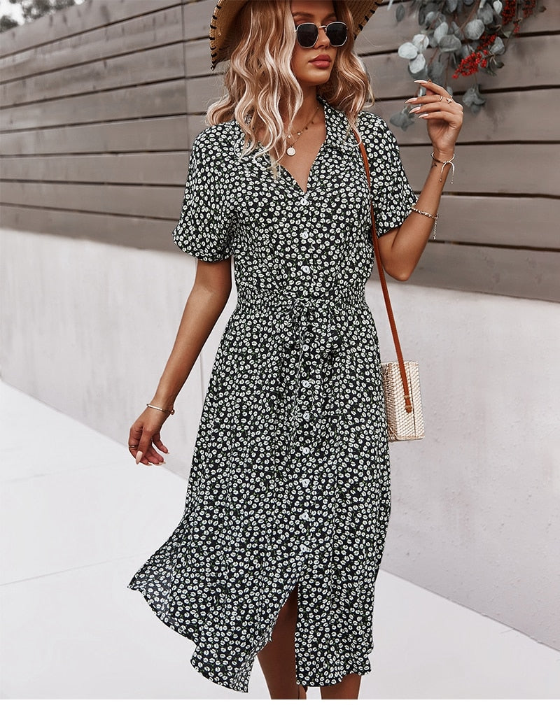 Zomerjurk | Tailleband | Korte Mouwen | Jurk met Knoopsluiting | Bloemenjurk-Boetiek Moda