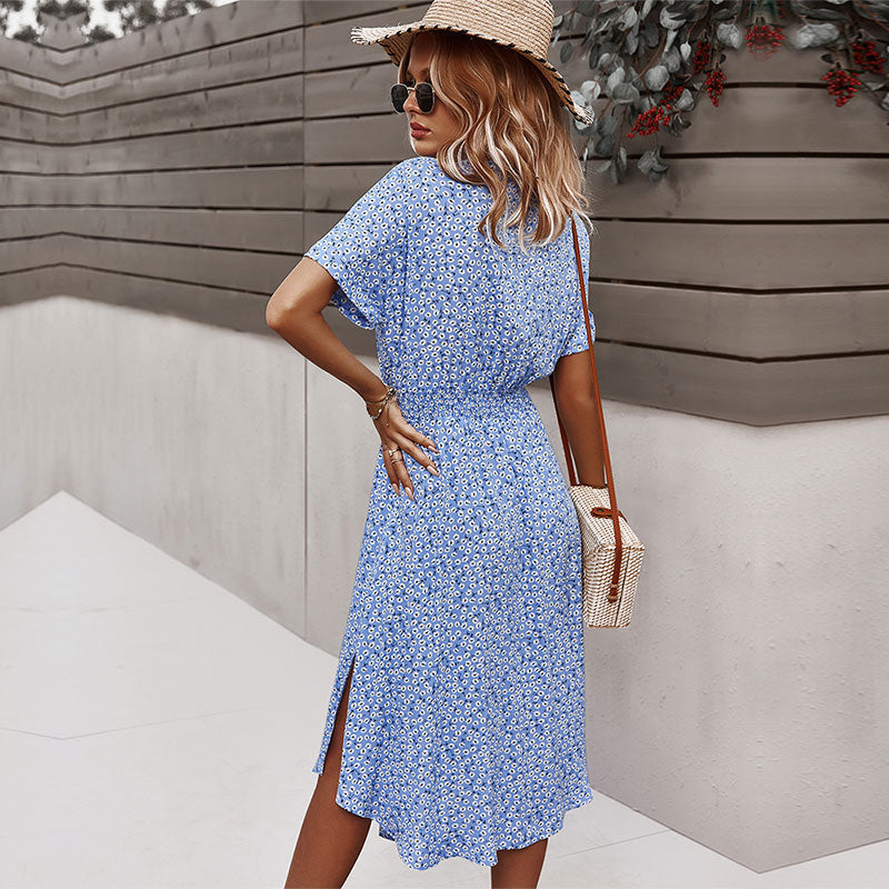 Zomerjurk | Tailleband | Korte Mouwen | Jurk met Knoopsluiting | Bloemenjurk-Boetiek Moda