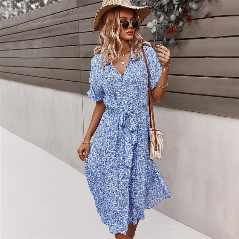 Zomerjurk | Tailleband | Korte Mouwen | Jurk met Knoopsluiting | Bloemenjurk-Boetiek Moda