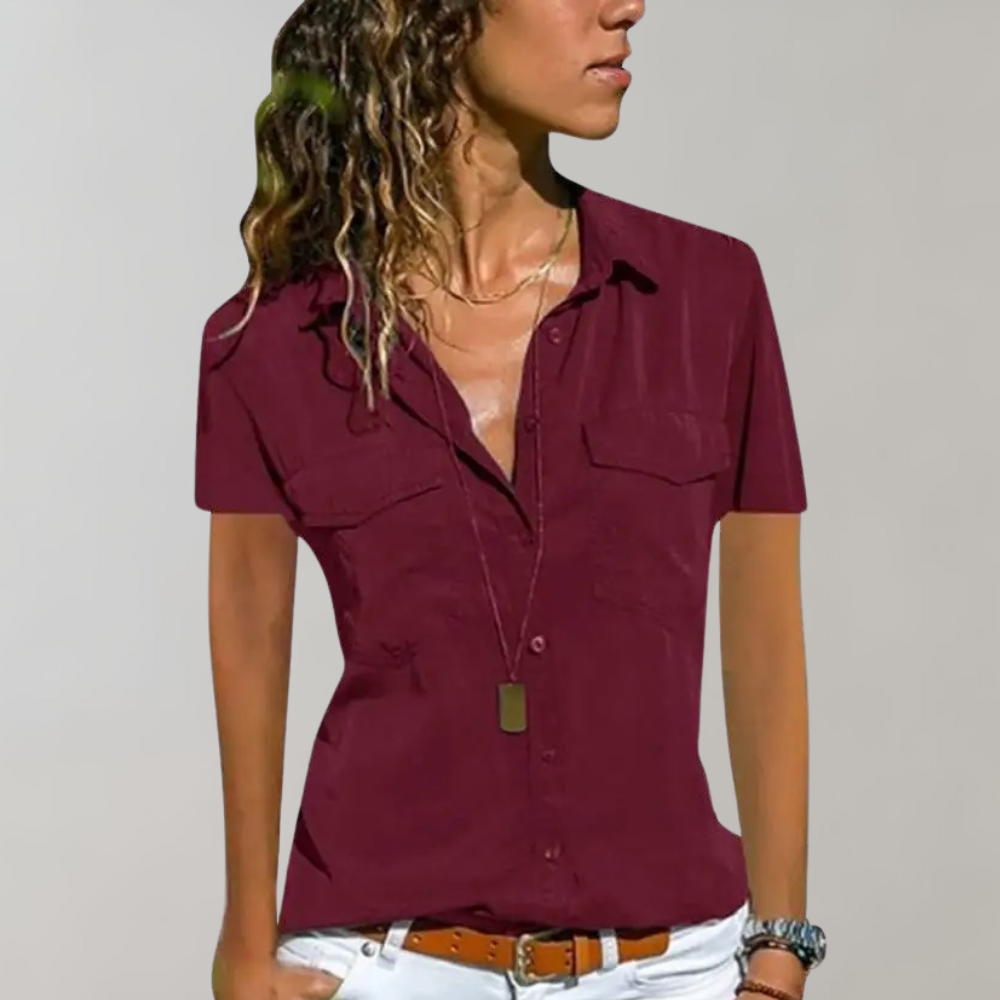 Zomertop | Kraag | Knoopsluiting | Blouse met korte mouwen | Damesoverhemd-Boetiek Moda