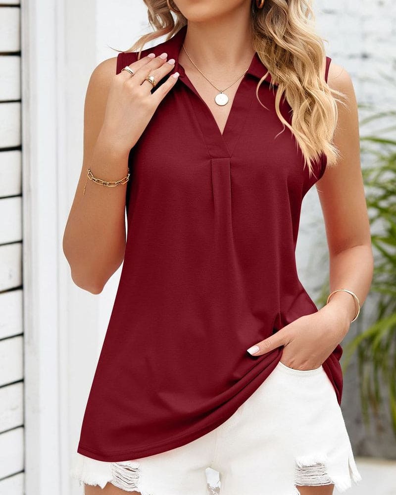 Zomertop - Mouwloos - V-hals - Top met kraag - Dameskleding-Boetiek Moda