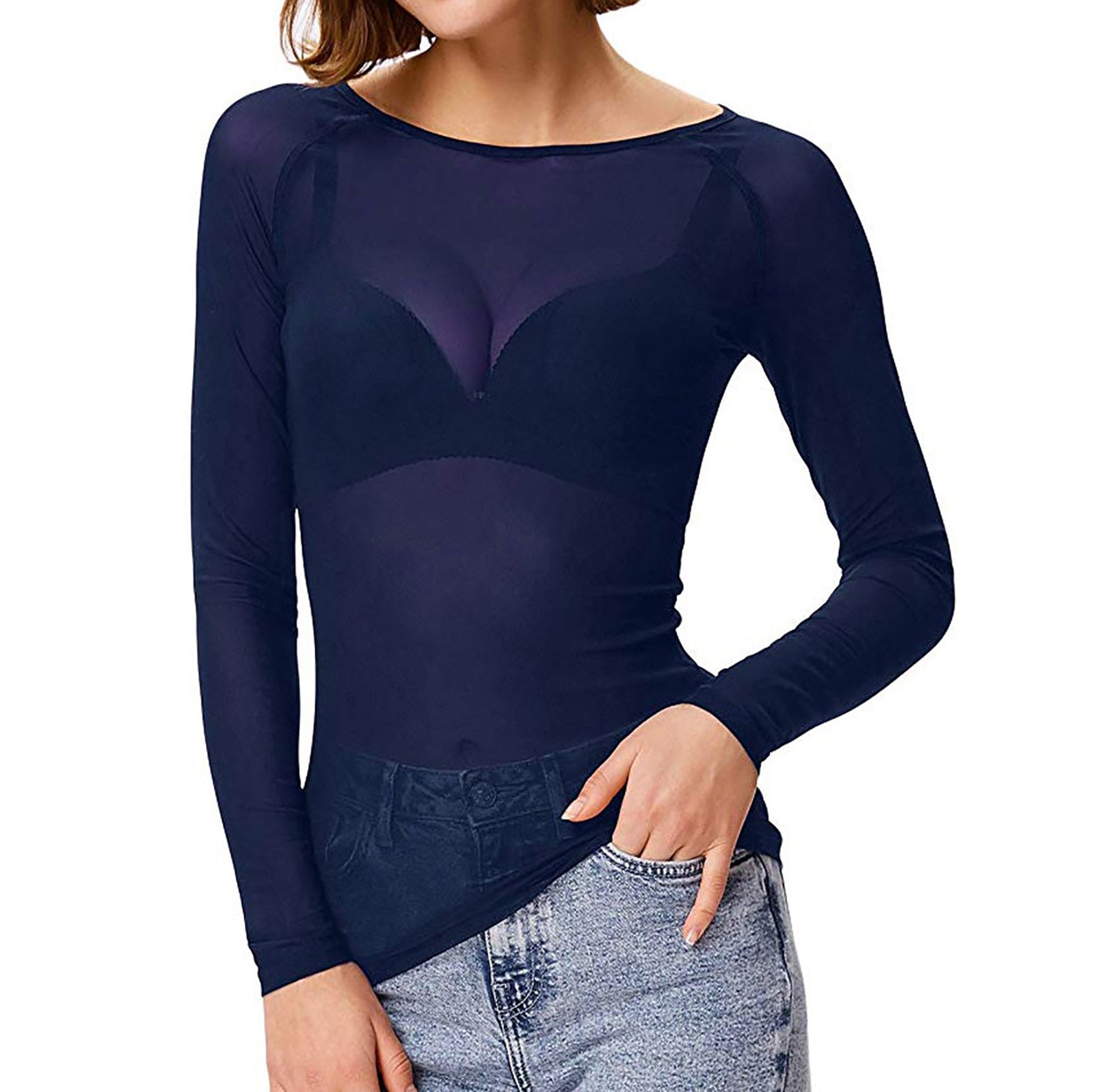 Sheer Top met lange mouwen - Zwart - Wit - Mesh Top met lange mouwen - Dameskleding